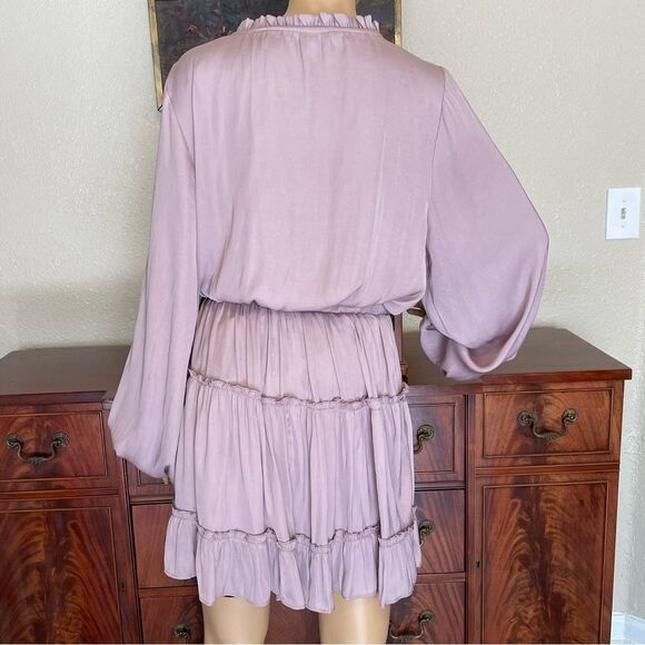 Glam Boho Ruffled Ballon Long Sleeve Mini Dress Blush Mauve Pink Size Large - Picture 6 of 11